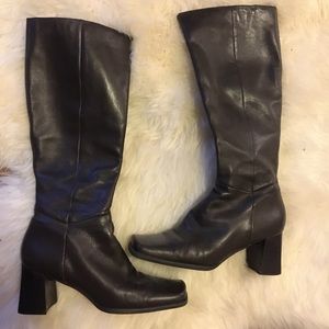 Nine West Knee High Leather Stacked Heel Boots